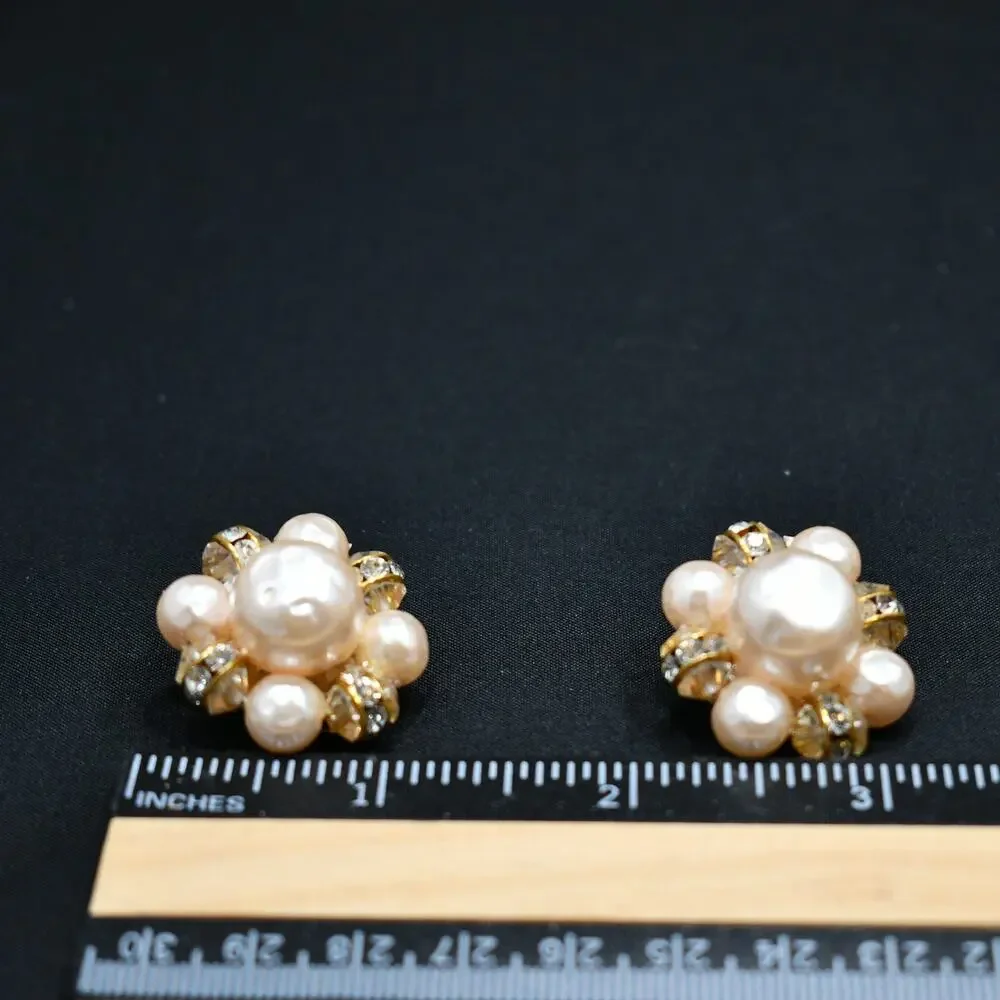 Vintage Lisner Pink Faux Pearl Rhinestone Earrings, Clip-On, Mid-Century, 1950s